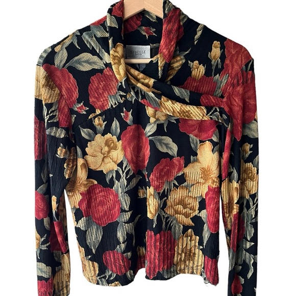 Vintage Floral Wrap Cowl Neck Semi-Sheer Sweater- Cropped Length - Picture 1 of 8